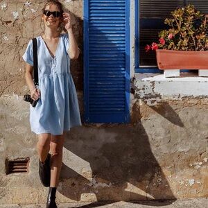 ROVE French Linen Babydoll Sunchaser Dress Size Large Light Sky Blue Like New